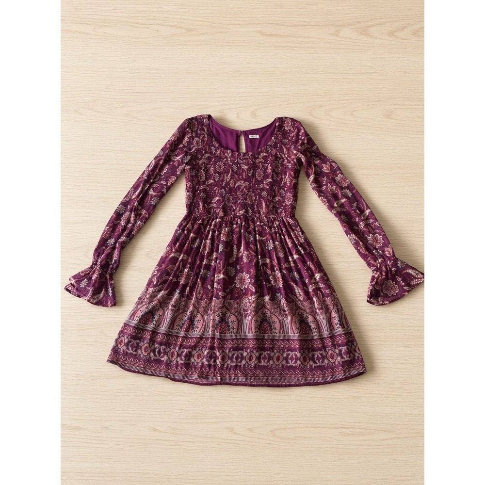 Hollister Womens Purple Floral Paisley Smocked Mini Dress Long Sleeve M